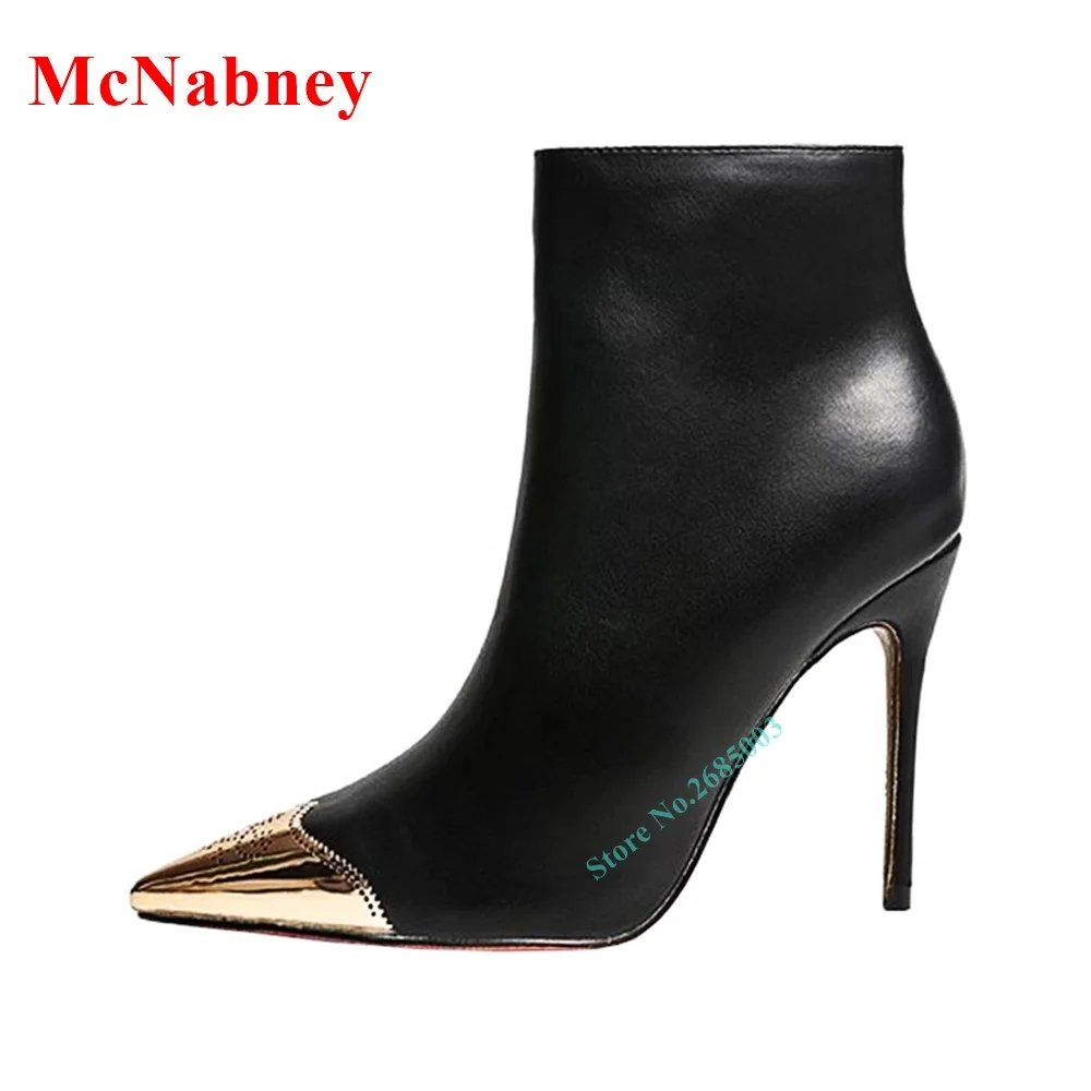 

Metal Pointy Toe Ankle Leather Boots Women Shoes Thin High Heel Patchwork Side Zipper Boots Autume Spring Party Dress Shoes New