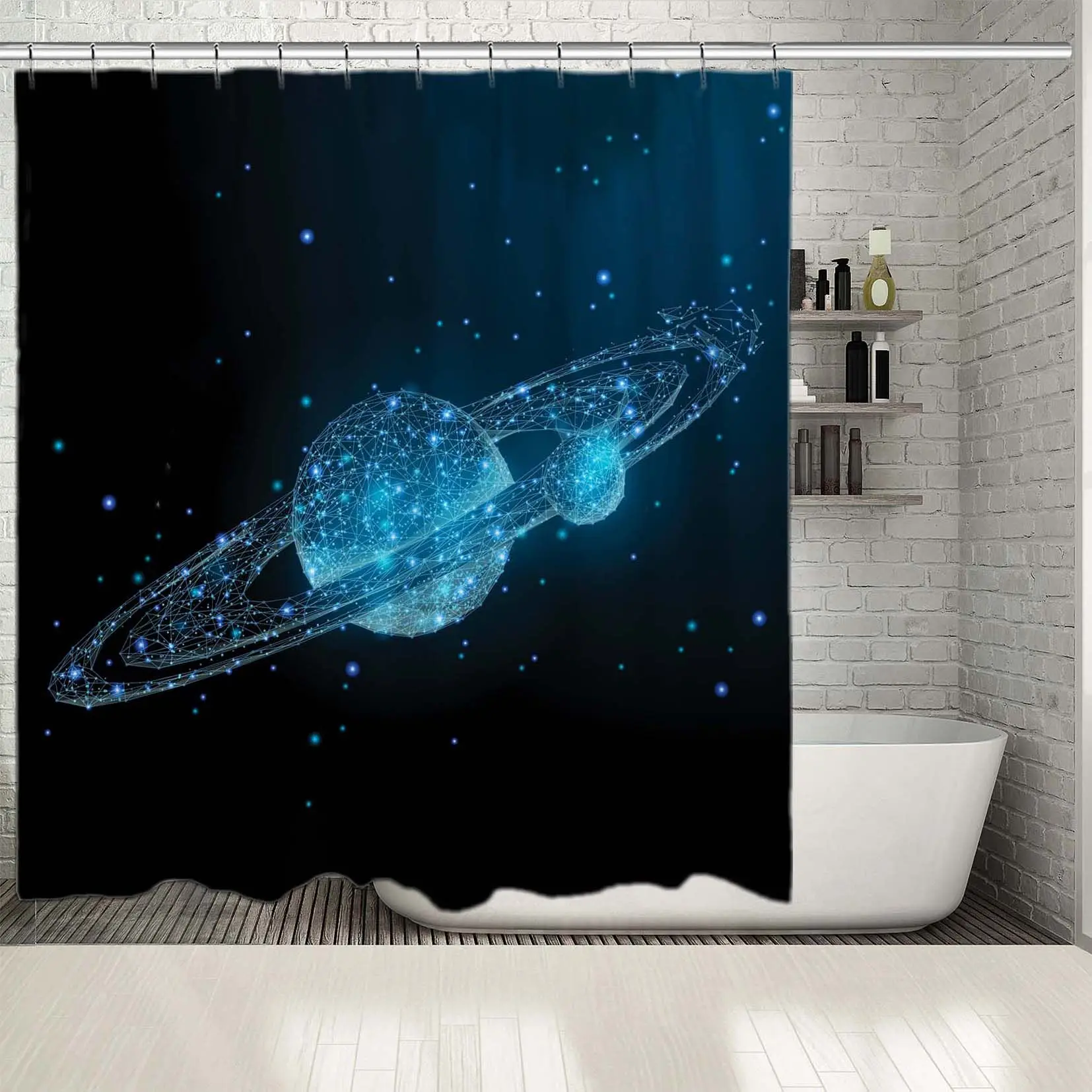 

Shower Curtain Planets Stars in Space Galaxy Universe Points Lines Modern Futuristic Low Poly Artwork Blue Black