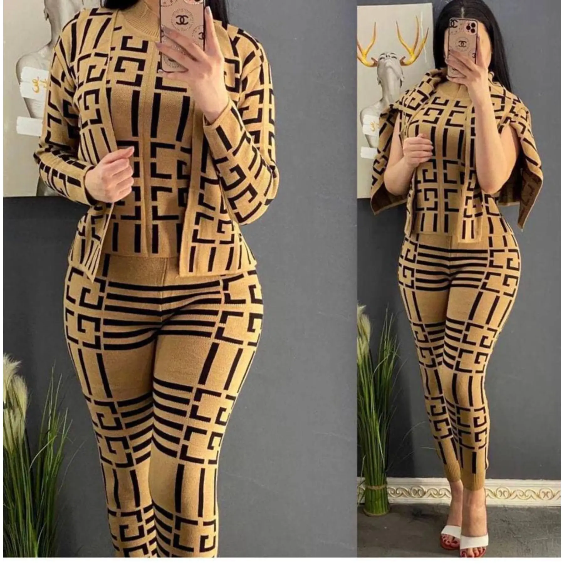 Женский трикотажный костюм из трех предметов кардиган в полоску свитер без