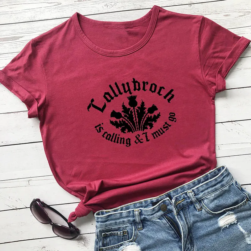 burgundy-black text Lallybroch is call and I must go, Новое поступление, Женская забавная Повседневная футболка из хлопка, рубашки в стиле Outlander - Цвет: burgundy-black text