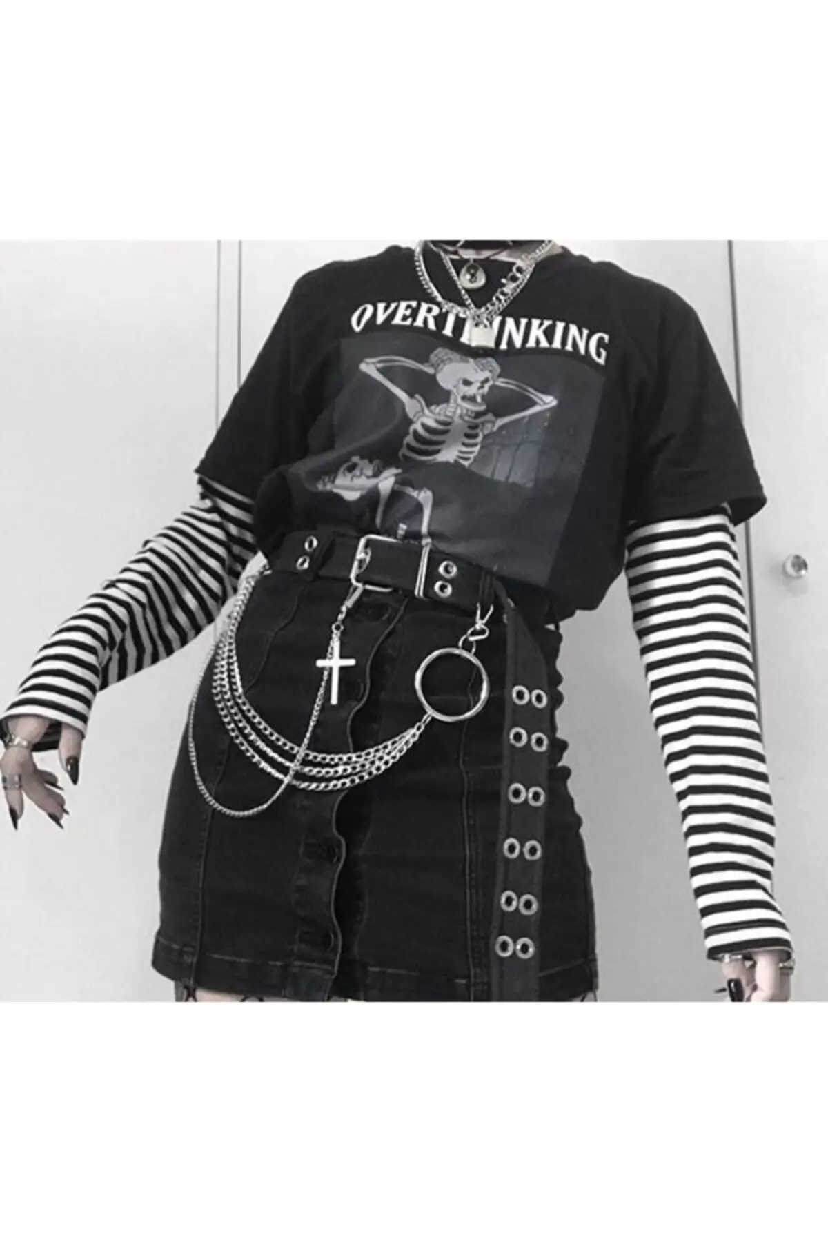 

Unisex Black Skeleton Overthinking Long Sleeve Unisex T-Shirt Fashion O Neck Top Female TShirt on Street Trend Free