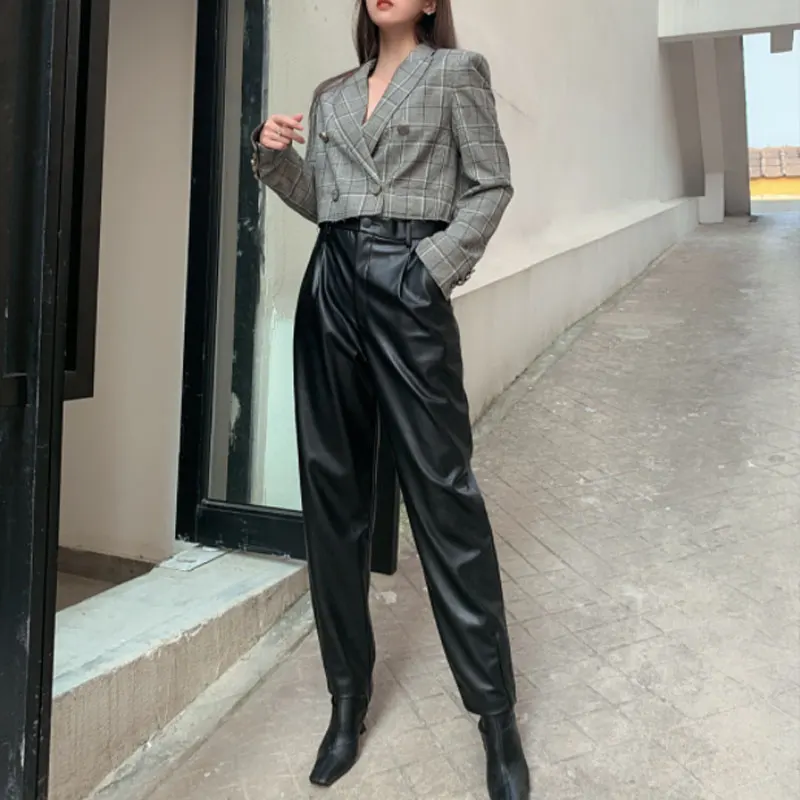 

2020 Casual Women PU Leather Pants Sweatpants Drawstring High Waist Streetwear Solid Color Party Night Winter Clothes For Women