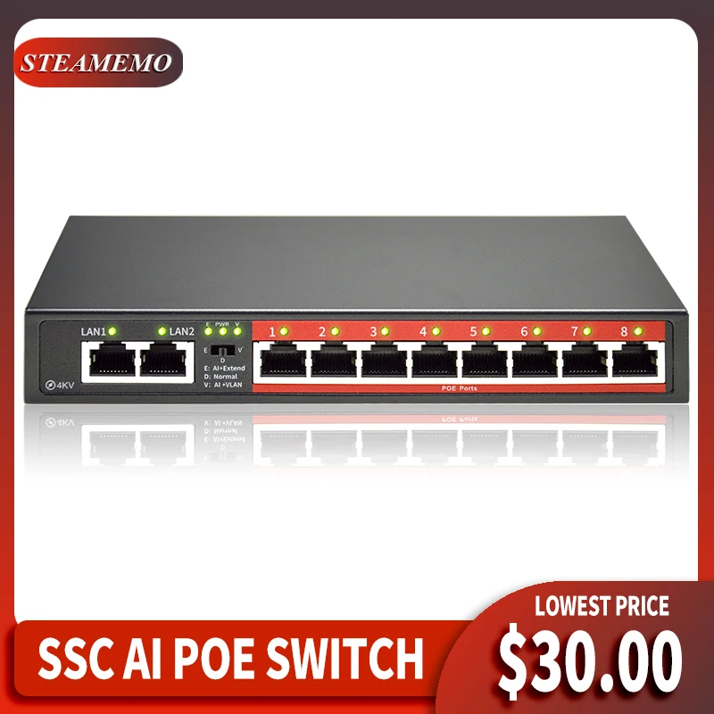 Коммутатор STEAMEMO с 8 портами POE гигабитный Uplinked 52V90W внешний источник питания сеть
