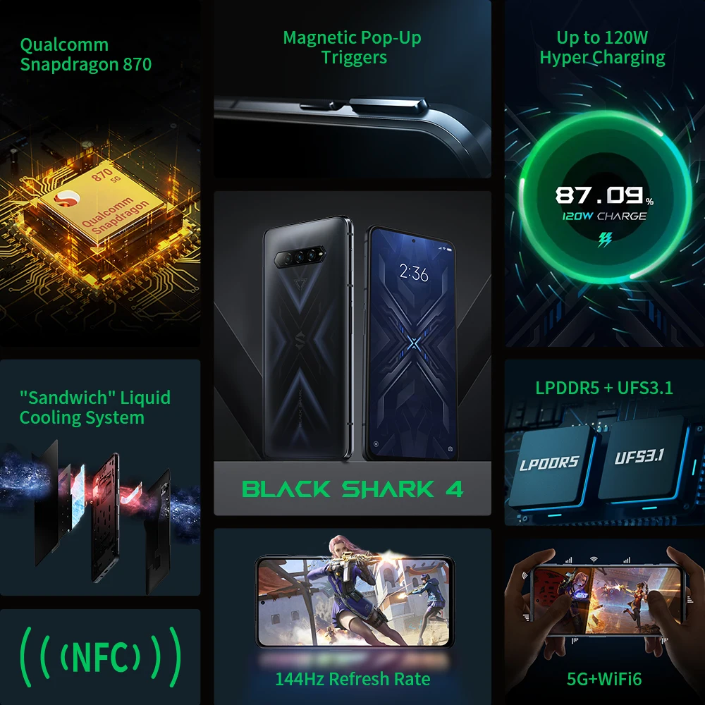 Black Shark-tel&eacute;fono m&oacute;vil 4 5G versi&oacute;n Global, m&oacute;vil para videojuegos, NFC, 870 Snapdragon, disparadores magn&eacute;ticos Pop-Up, 144Hz, 67W, disponible-1