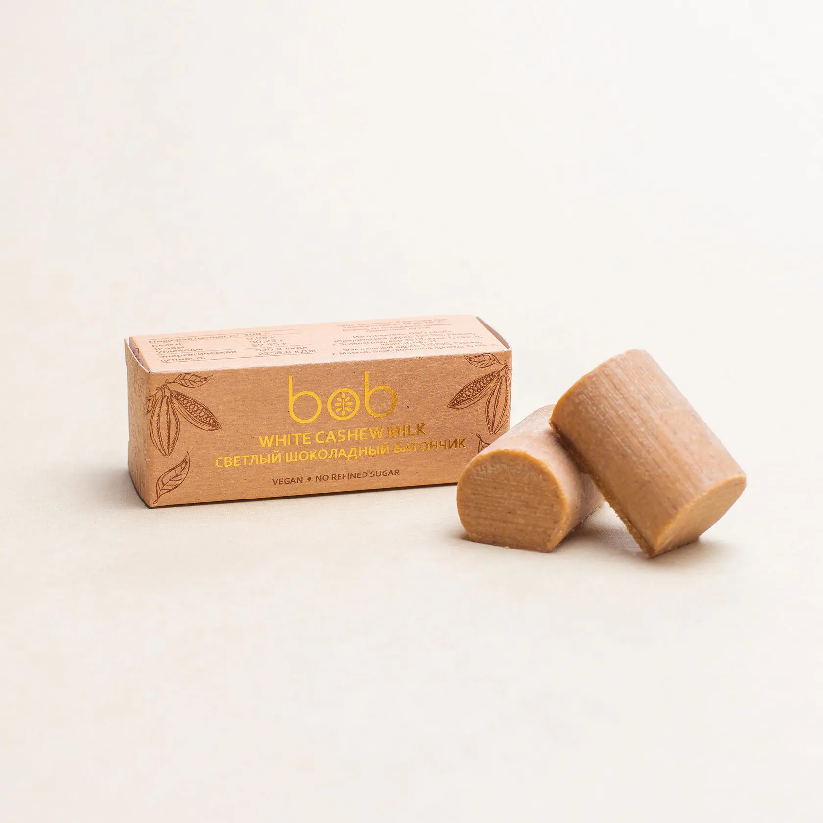 Батончик шоколадный на кешью светлый bob уп. 2 шт. 50 г. vegan/no refined sugar/natural|Шоколадные и