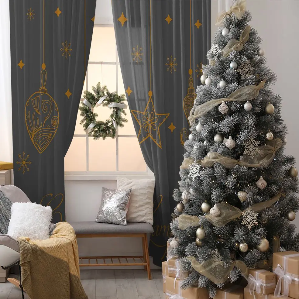 

Curtain Stars Hanging Lamps Snowflakes Festive Season Decoration Theme Artwork Printed Yellow Blue