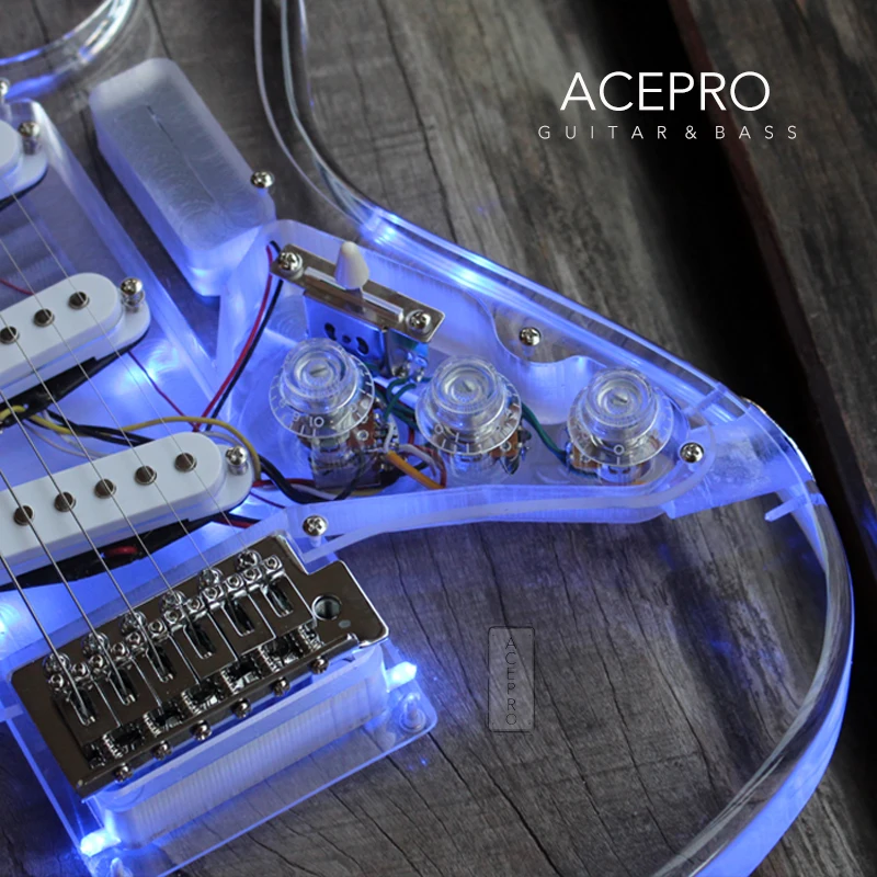 New Arrive Acepro LED Light Electric Guitar Acrylic Body Blue Transparent Pickguard &amp Knobs 3 Single Pickups Maple neck | Спорт и