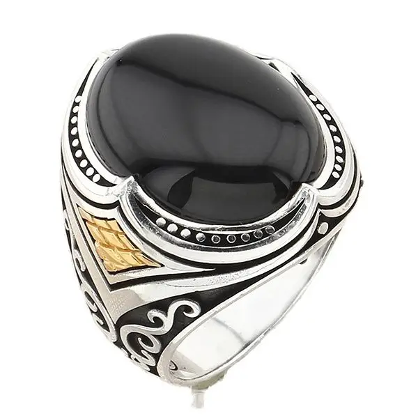 

Мужское серебряное кольцо с овальным черным ониксом, натуральный драгоценный камень с аутентичным дизайном, ювелирные изделия, подарок для...