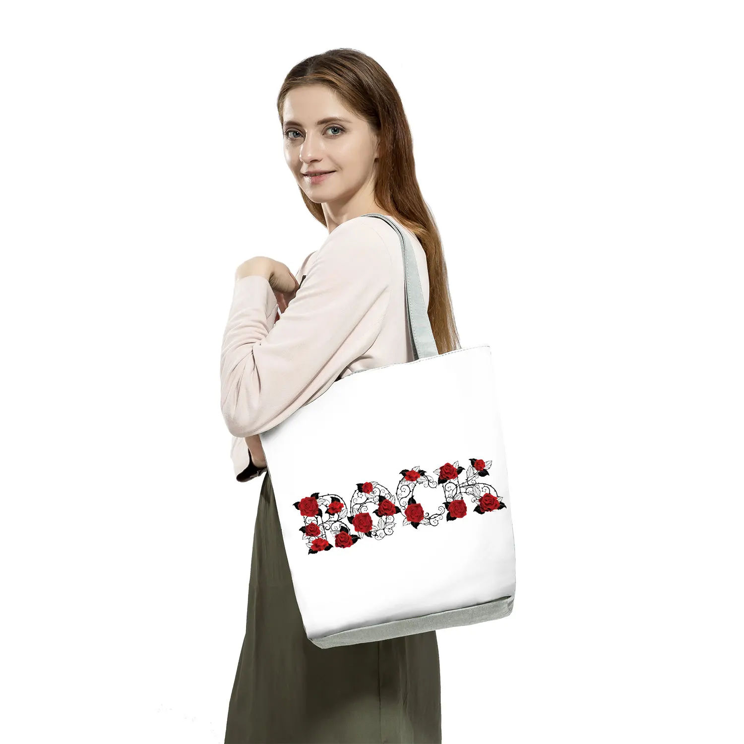 New Fashion Floral Women Black Handbags Red Rose Musical Note Print Tote Graphic Shoulder Bag Female Ladies Casual Shopping Bag