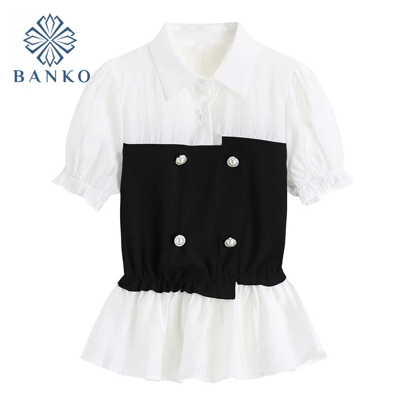 

Korean Style Patchwork Chiffon Blouse Fashion Office Lady Puff Short Sleeve Shirt Top 2021 Summer Casual All-match Clothes