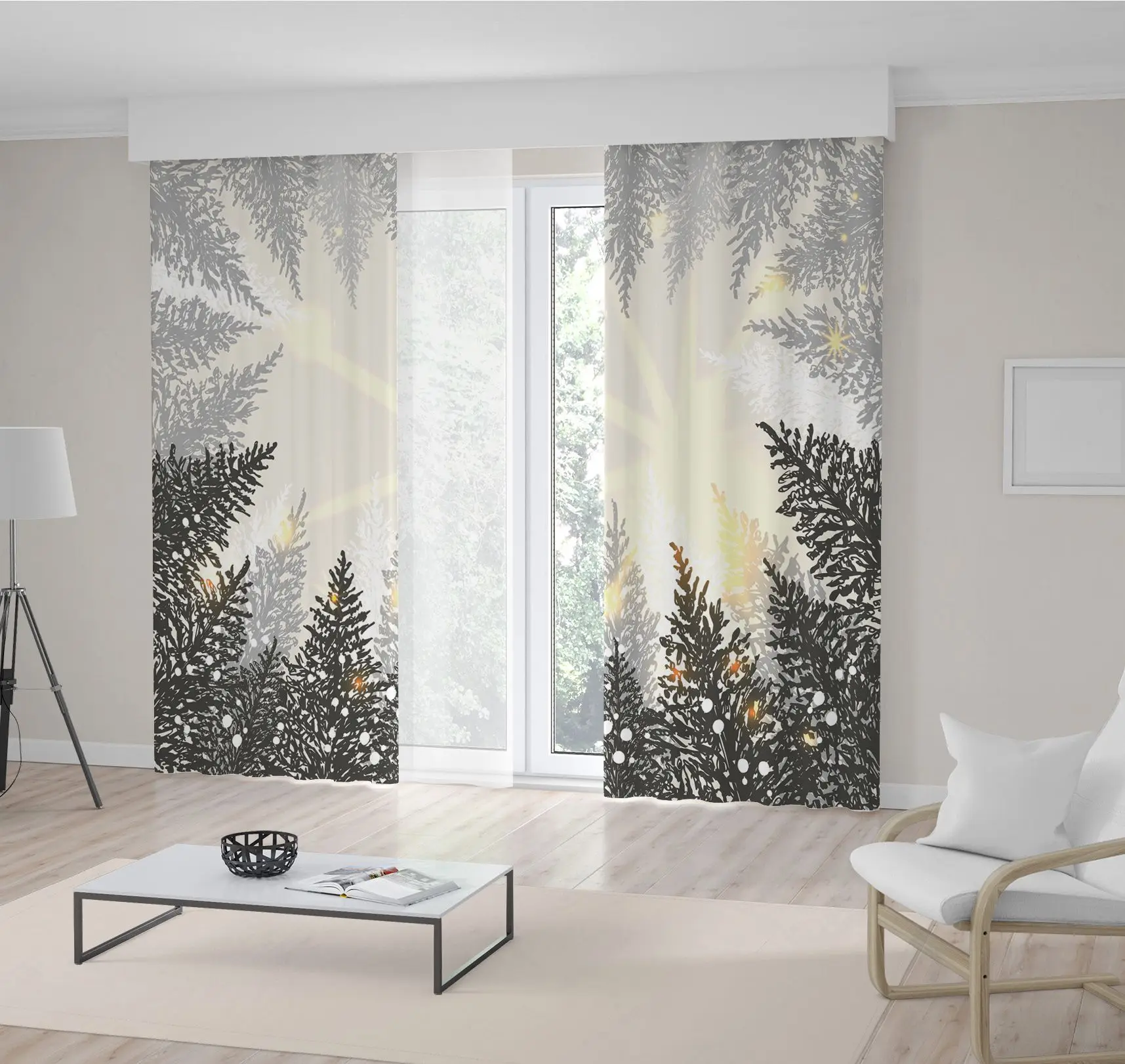 

Curtain Winter Pine Trees Forest Snowflakes Sun Rays Illustration Monochrome Modern Nature Themed Artwork