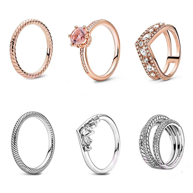 

2020 Fall New 1:1 S925 Rose Snake Chain Pattern Sparkling Pear Marquise Wishbone Triple Band Pave Ring For Women Fashion Gift