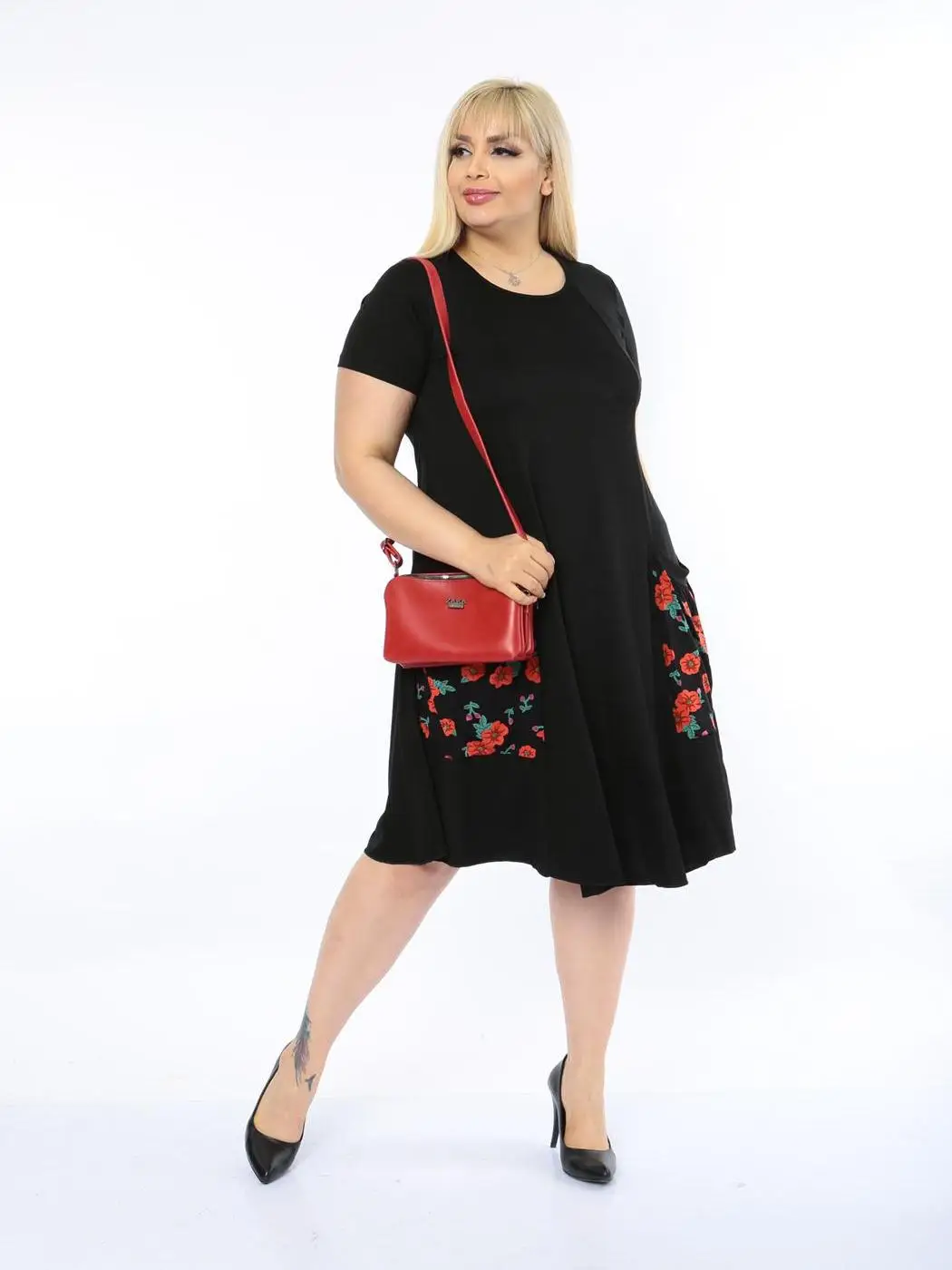 Plus Size Women Clothing 2022 Summer High Street Fashion with Pockets Rose Knee-Length Lycra Knitted Viscose Made in Turkey