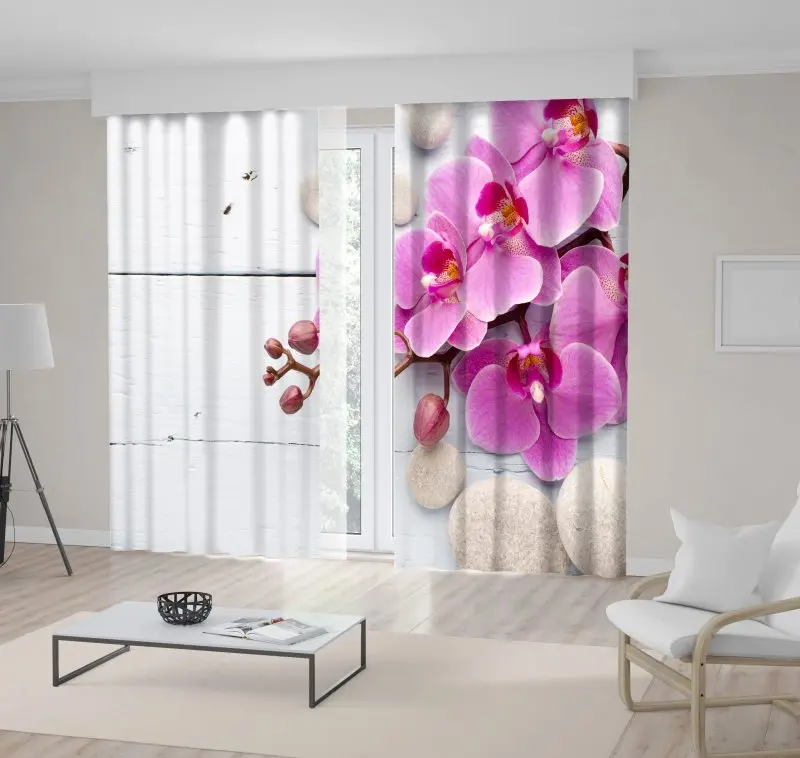 

Curtain Spa Stones and Pink Orchid Flowers Buds on White Wooden Board Decorative Photo Printed