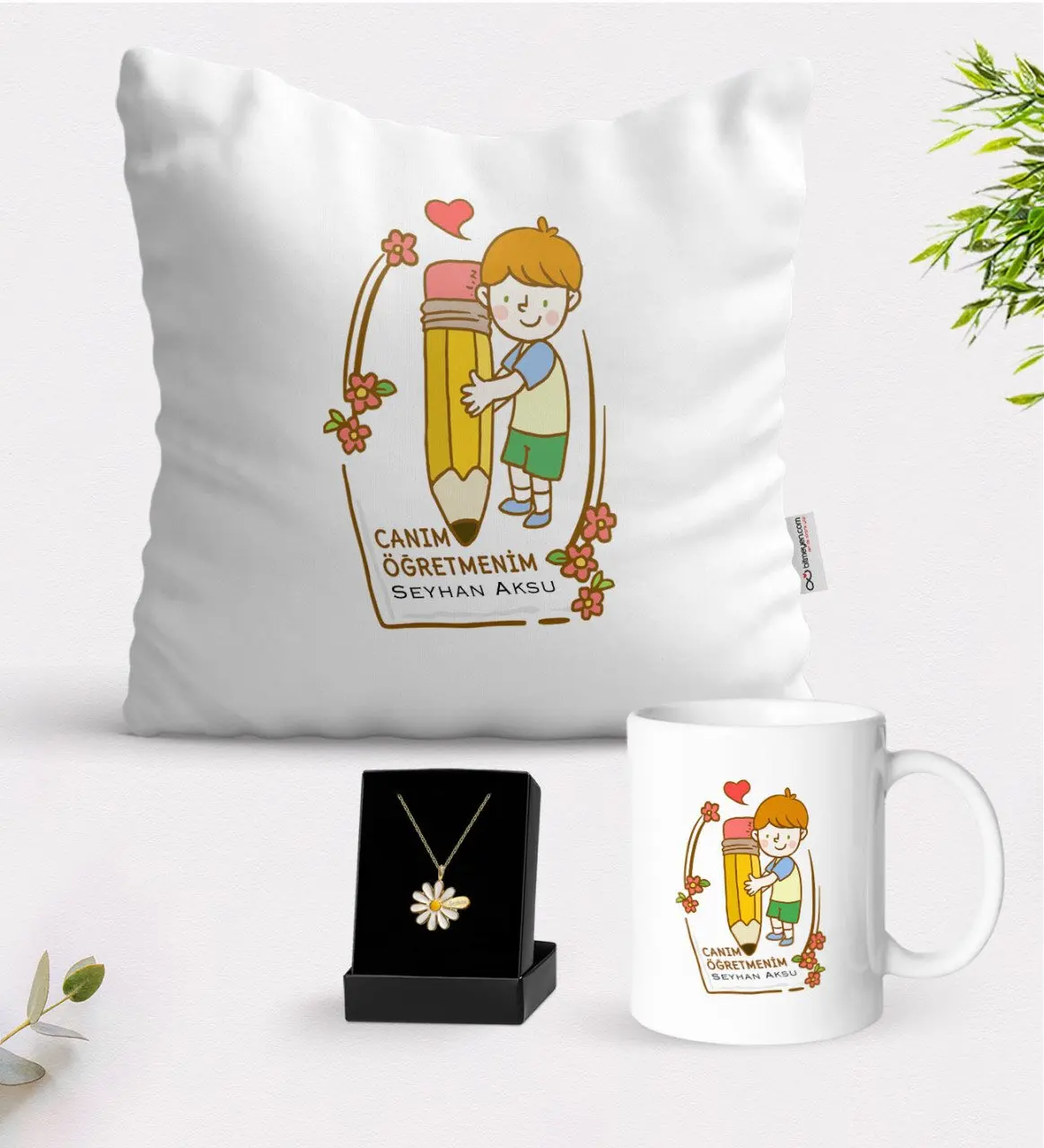 

Персонализированные господин Lazhar белая кружка Подушка и ожерелье Маргаритка Подарочный набор-4