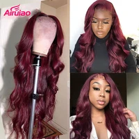 13x6 hd lace frontal human hair wigs full colored 99j burgundy wine red body wave lace front remy wig woman wavy pre plucked