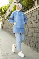 Kangaroo Pocket Denim Sports Hoodie Tunic Muslim Top Women Turkey Blouse Hijab Islam Clothing Modest Dresses Long Sleeve Shirt