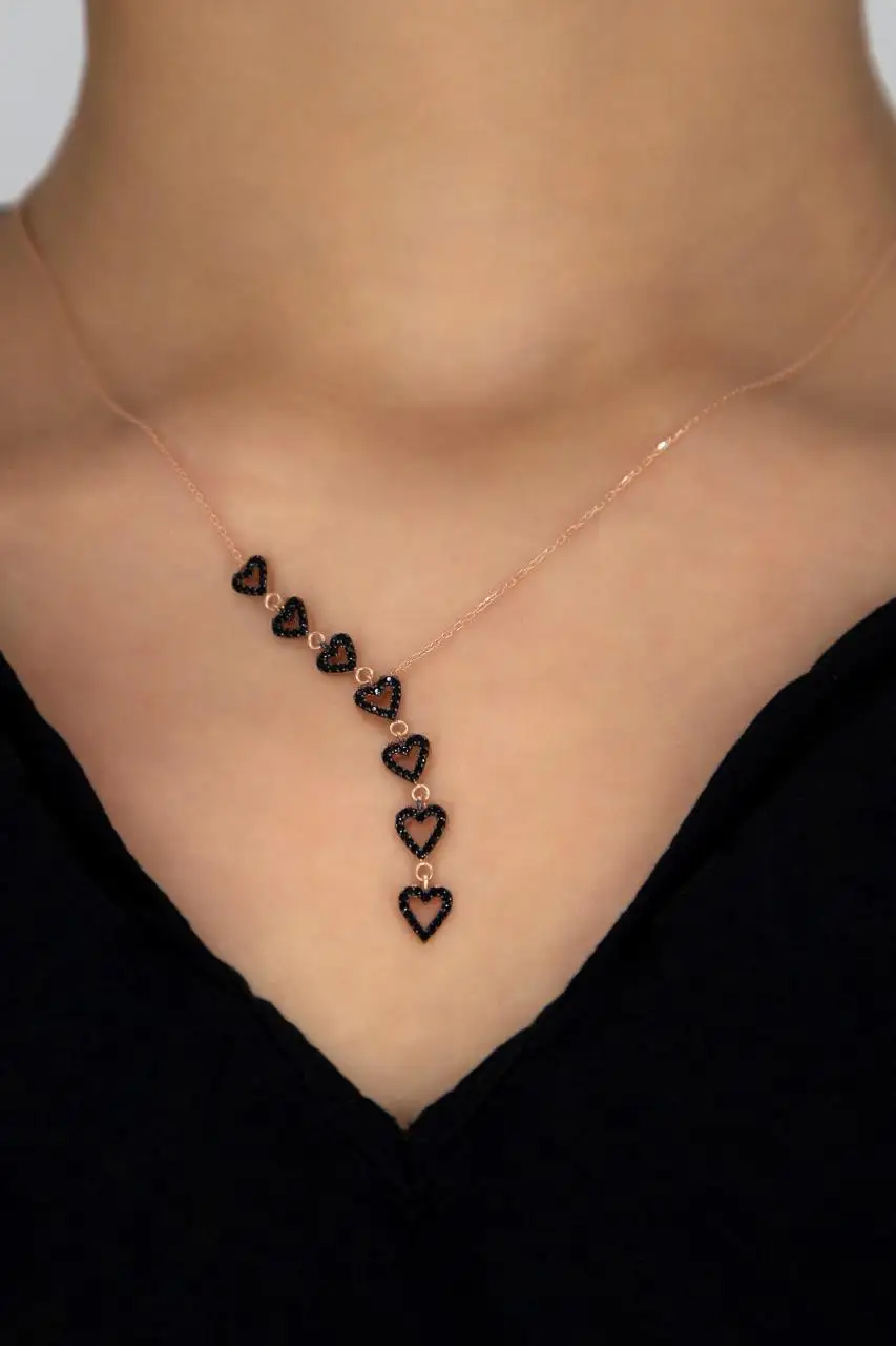 Collier coeurs en argent regardé 925 avec pierre noire pour femme, cadeau d'anniversaire, pendentif de fierté, luxe cool