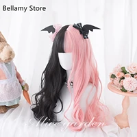 pink and black color matching lolitas long curly hairwig cap