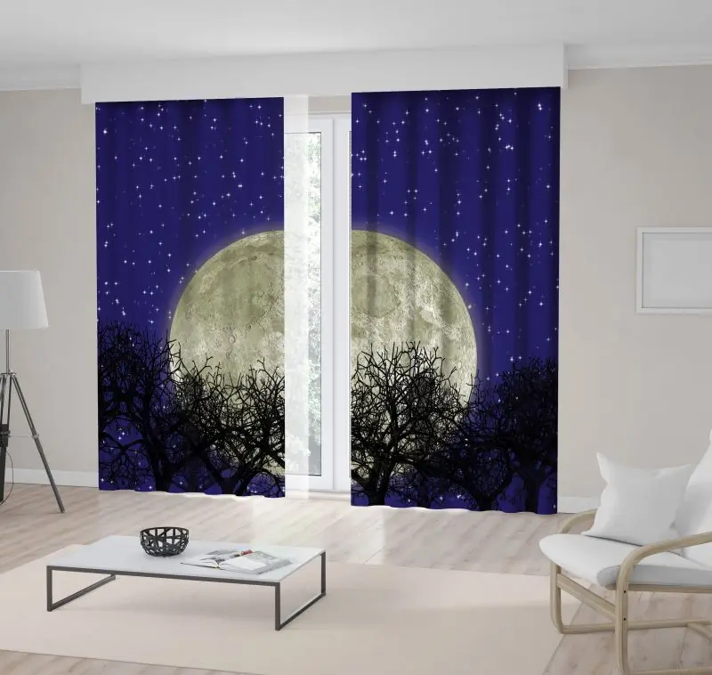 

Curtain Star Covered Night Sky with Super Full Moon Tree Branches Silhouette Navy Blue Black Landscape View Printed