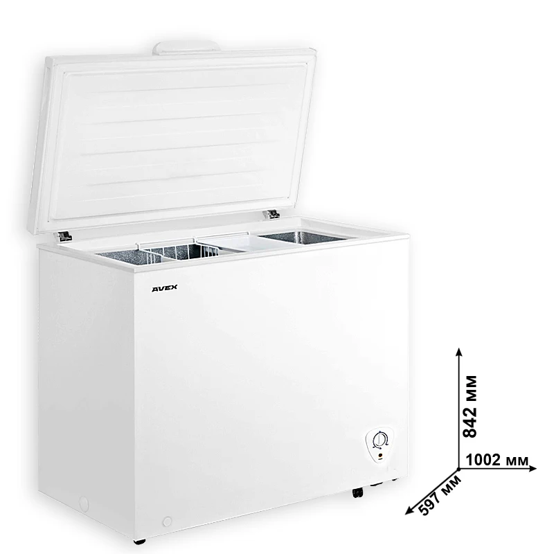 Морозильный ларь AVEX CF-320, обьем 295л, класс А+, 1 корзина, замок, 18кг/сут, сохранение холода 34ч, зимняя защита, индикация повышения температуры
