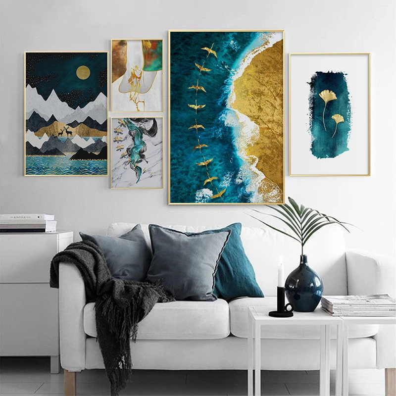 

Nordic Golden Abstract Landscape Picture Mountain Leaf Sea Bird Canvas Painting Posters and Prints Wall Art Living Room Decor