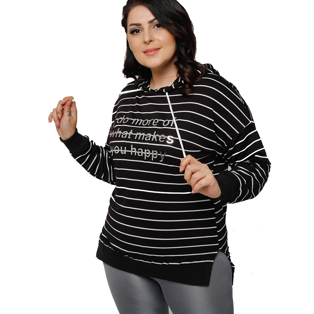 Women’s Plus Size 3D Embossed Letters Detail Black Hoodie, Designed and Made in Turkey, New Arrival