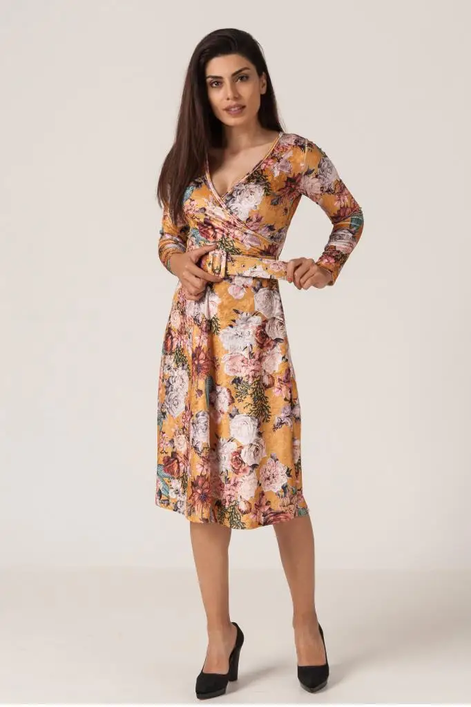 Двойной воротник до груди платье с длинными рукавами и рисунком розы 656 W0026-MUSTARD-M |