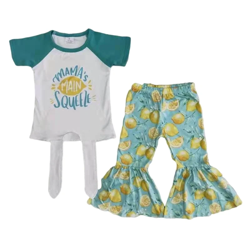 

boutique kids clothing 2 pcs set mama's toddler girl ruffle outfit short sleeve top lemon bell bottom pant baby outfit