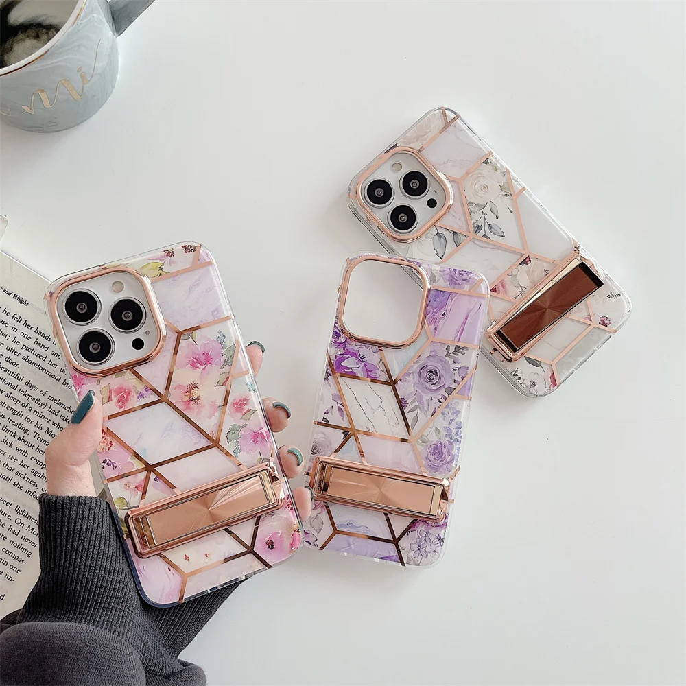 

Phone Case For iPhone 13 12 11 Pro Max XR XS Max 7 8 Plus Electroplated Geometric Pink Flower Soft Back Cover Coque With Bracket