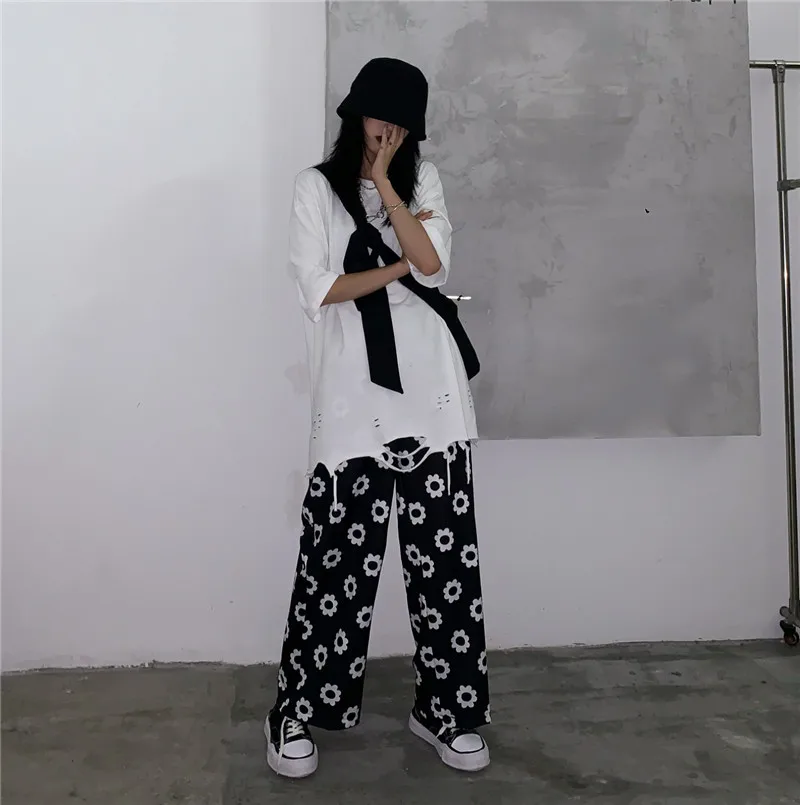 New Summer Daisy Flower Print Pants Korean Version Harajuku Style Loose Pants Full Length Pants Streetwear Wide Leg Pants