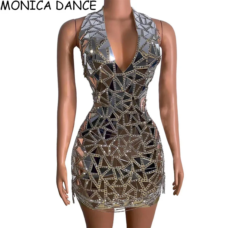 

Women Sexy Sparkly Rhinestones Mirrors V-neck Mini Dress Birthday Wedding Party Evening Prom Singer Host Catwalk Costume