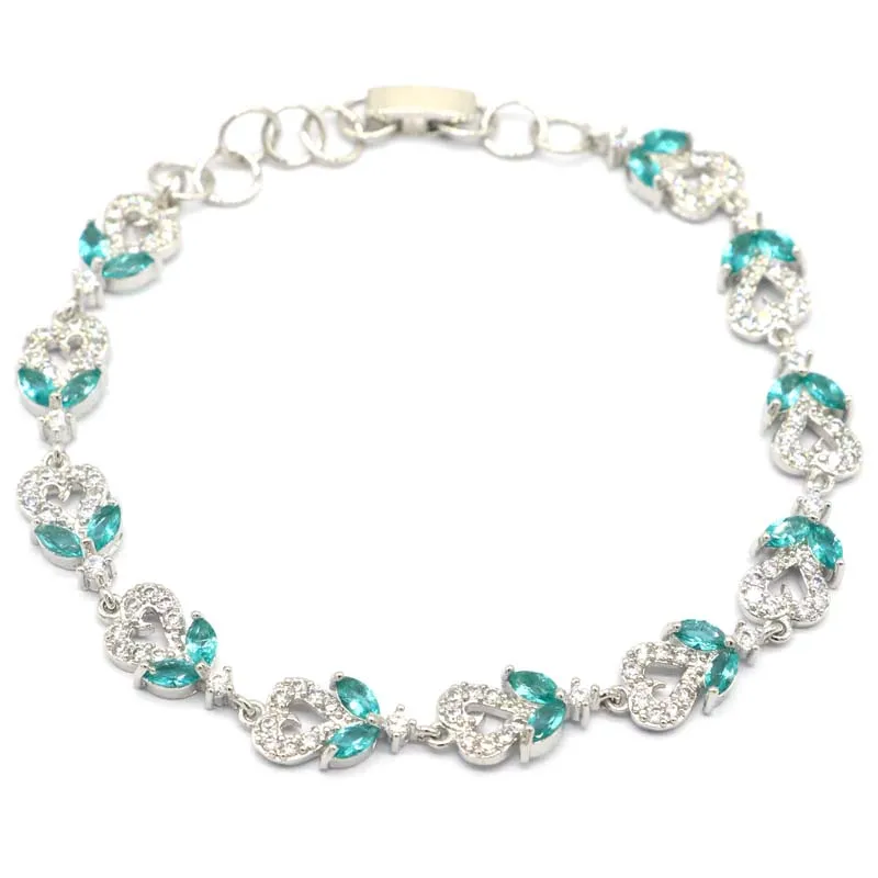

15x8mm Gorgeous 9.5g Rich Blue Aquamarine Green Peridot CZ Wedding Women Silver Bracelet 6.5-8.5inch