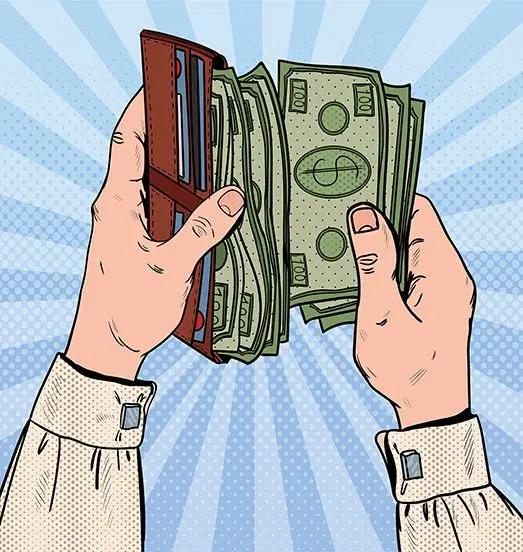 

Curtain Pop Art Businessman Hands Holding Wallet with Money Retro Design in Green Blue Fun Print