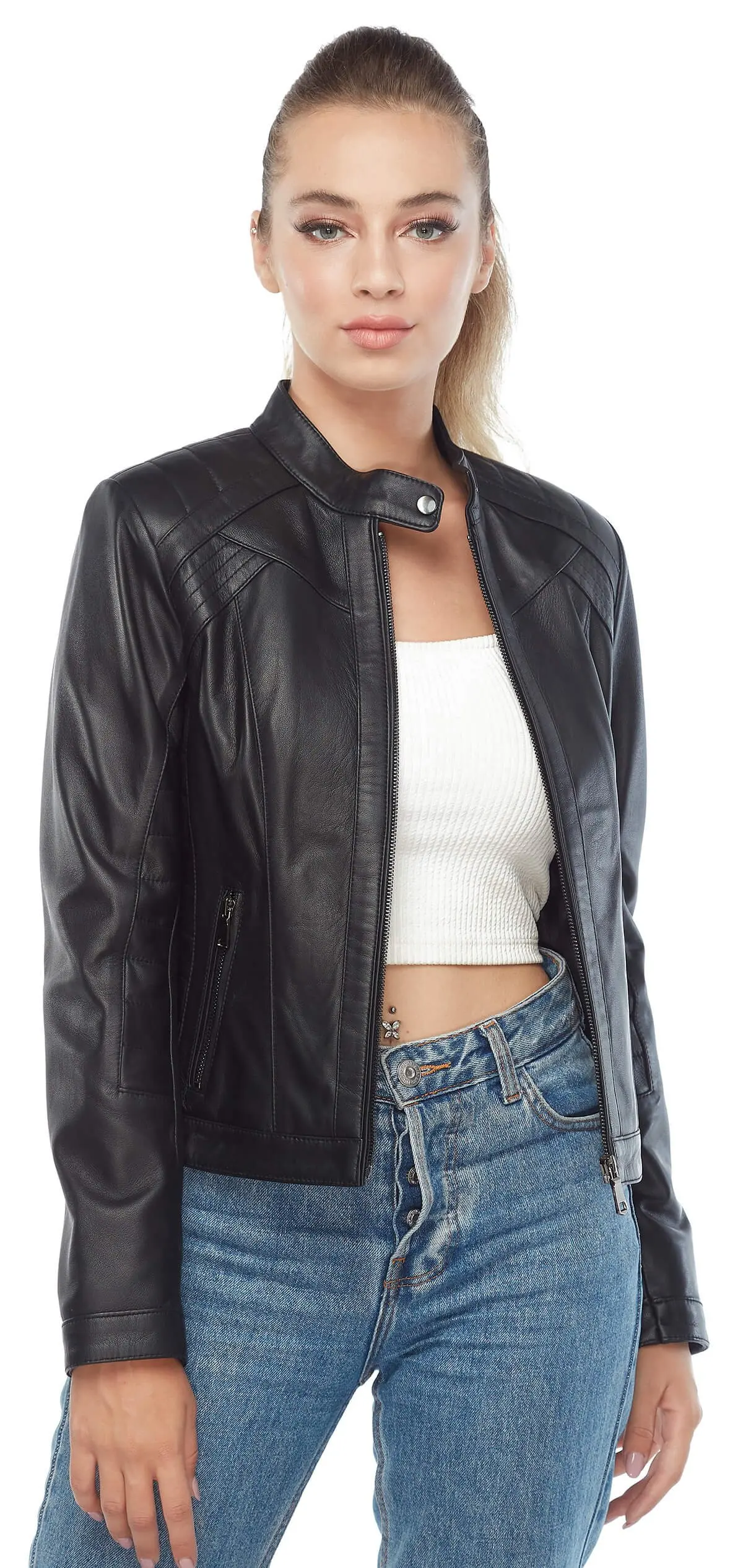 Женская куртка из натуральной овечьей шкуры Байкерская облегающая большого