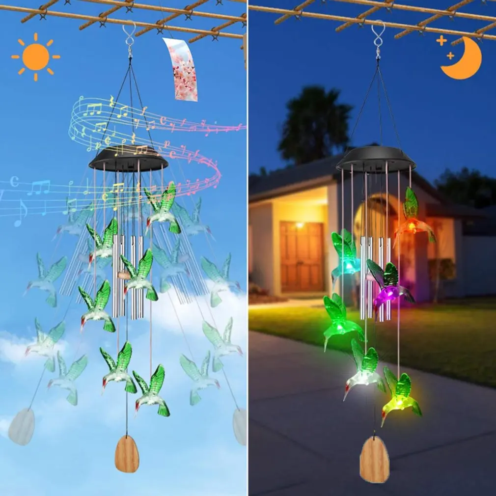 

Color Changing Solar Power Wind Chime Crystal Ball Hummingbird Waterproof Outdoor Windchime Light for Patio Yard Garde