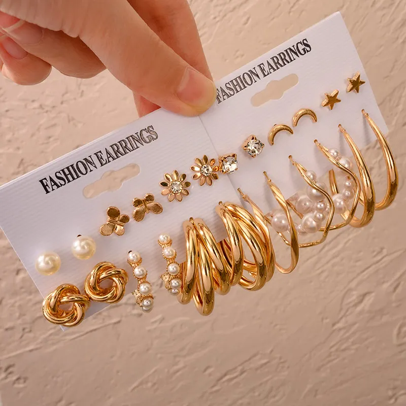 

New Fashion Statement Pearl Hoop Earrings Set For Women Geometirc Gold Metal Round Hoop Earrings 2023 Trend Female Jewelry Gift