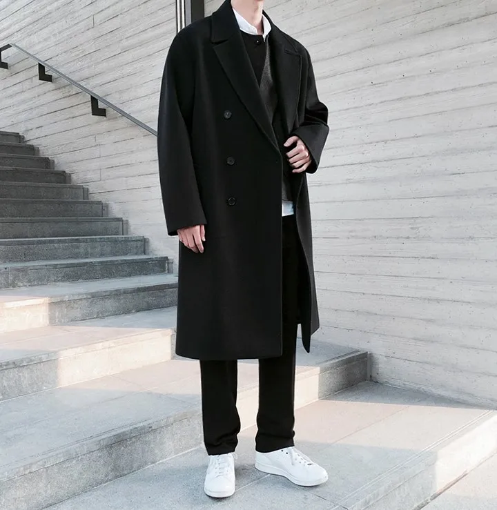 Obrix Мужское шерстяное пальто базовое двубортное с v-образным вырезом и длинным