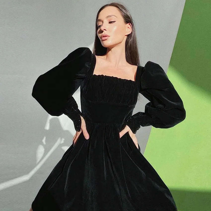 

Ladies Autumn Black Square Collar Velvet Dress For Women Sexy Long Sleeve Bodycon Pencil Dress Zipper Party Mini Dresses