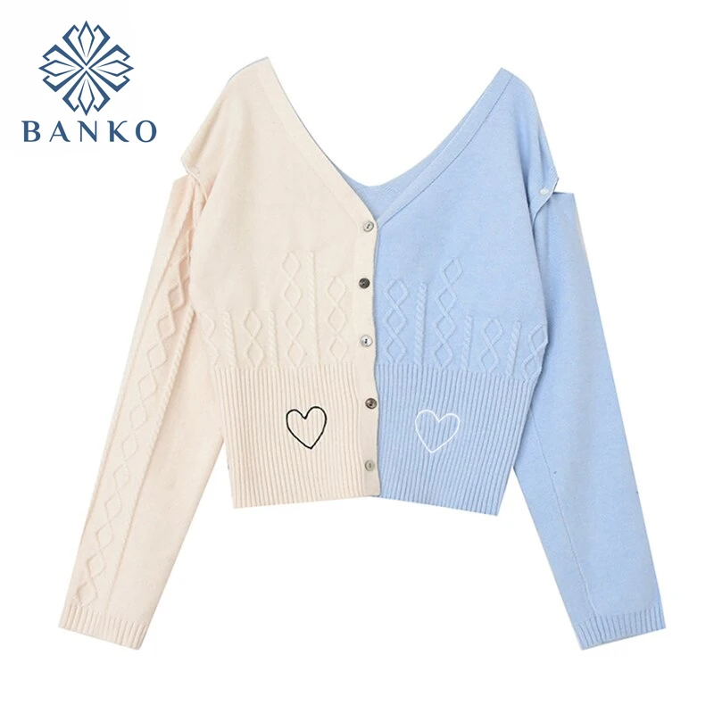 

Autumn Blue White Patchwork Knitted Sweater Chic Women Fashion Harajuku Oversize Hollow Out Knitted Cardigans Female 2021 New