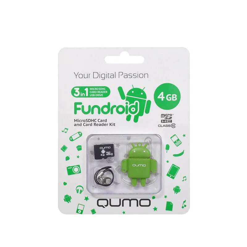 Комплект QUMO QM4GCR-MSD10-FD-GRN microSDHC 4GB + USB картридер | Компьютеры и офис