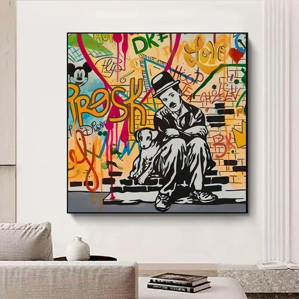 

Street Graffiti Chaplin and Dog Poster Canvas Painting Mural Wall Art Pictures for Living Room Decorative Painting Cuadros