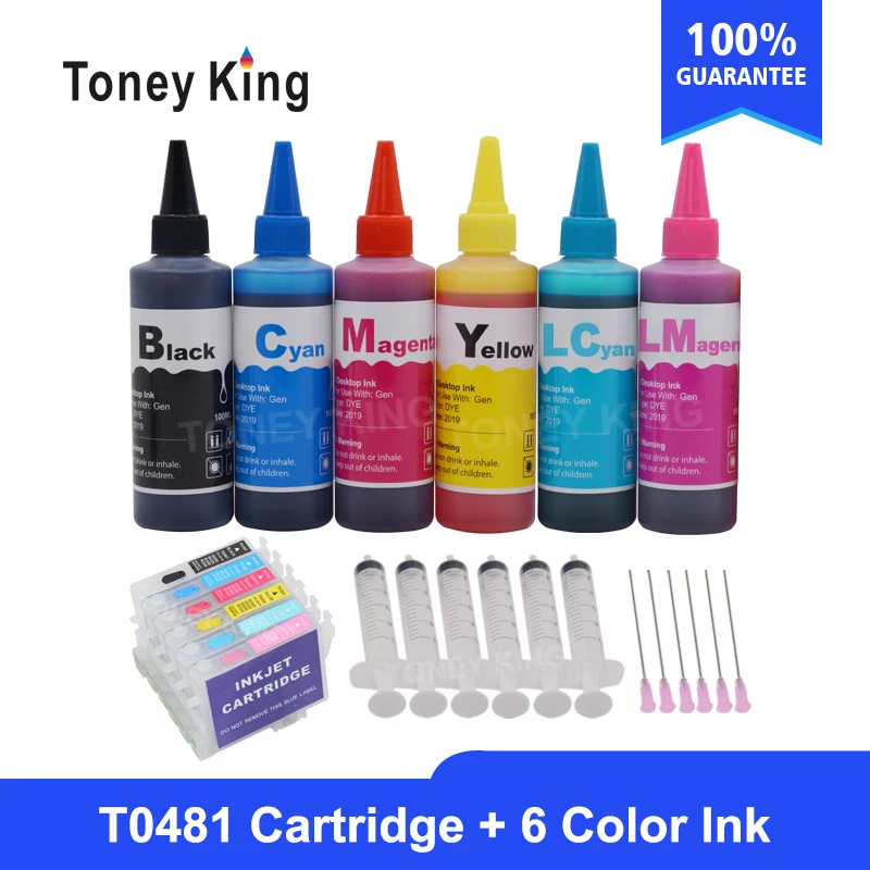 Toney King T0481 Dye Ink Cartridges For Epson Stylus Photo R200 R220 R320 R340 RX500 RX60 Printer + Ink Bottle For 6×100ml