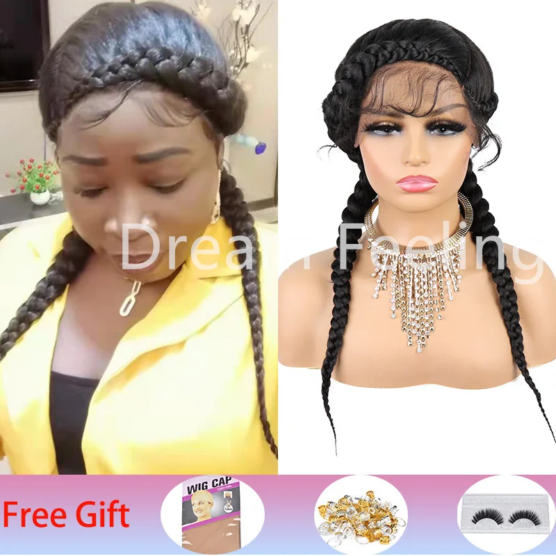 24 Inches Box Braided Wigs With Baby Hair Dutch Cornrow   Braid Hair For Black Women Lace Front Synthetic Wigs