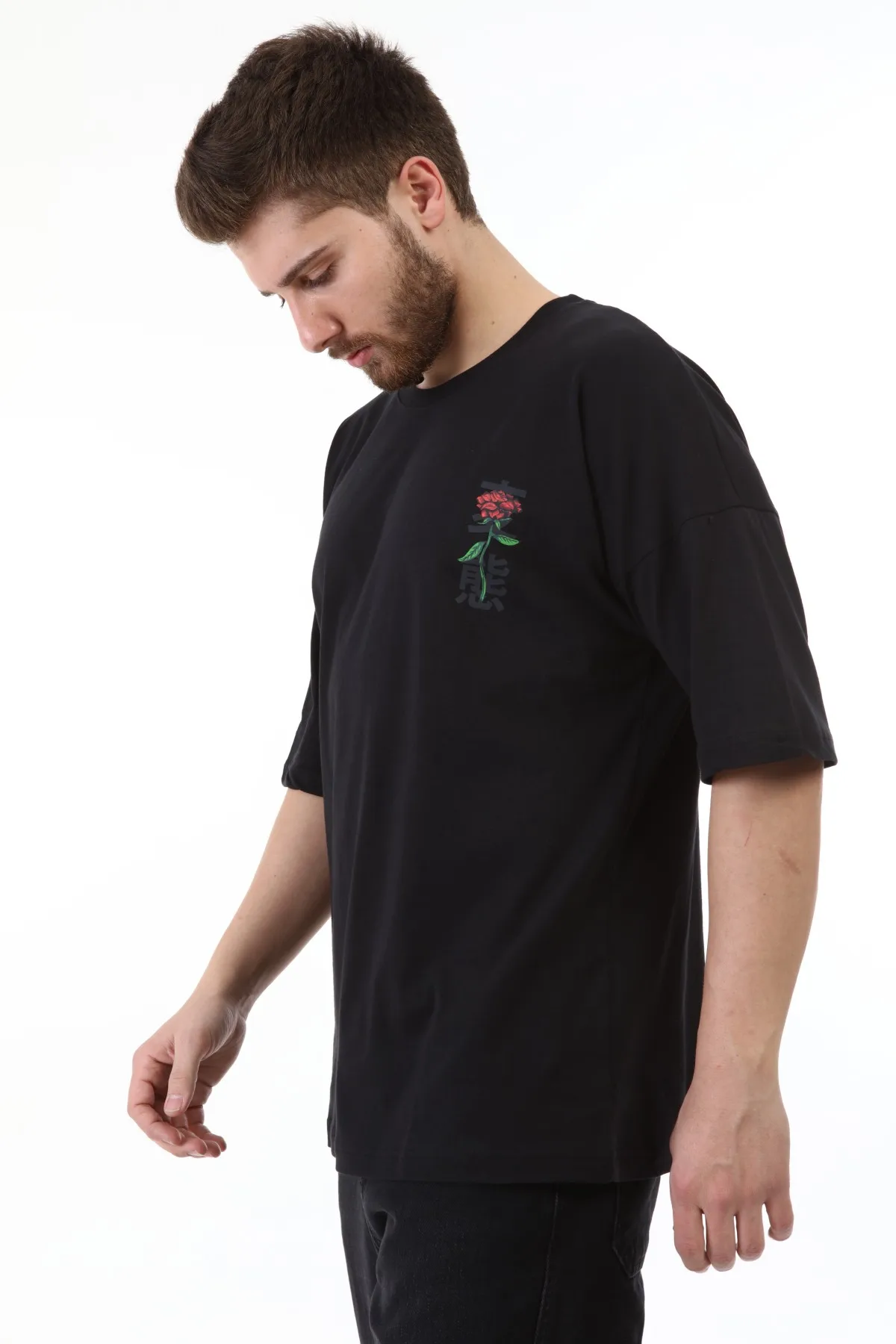 

Men's Rose Printed Black Oversize T-shirt