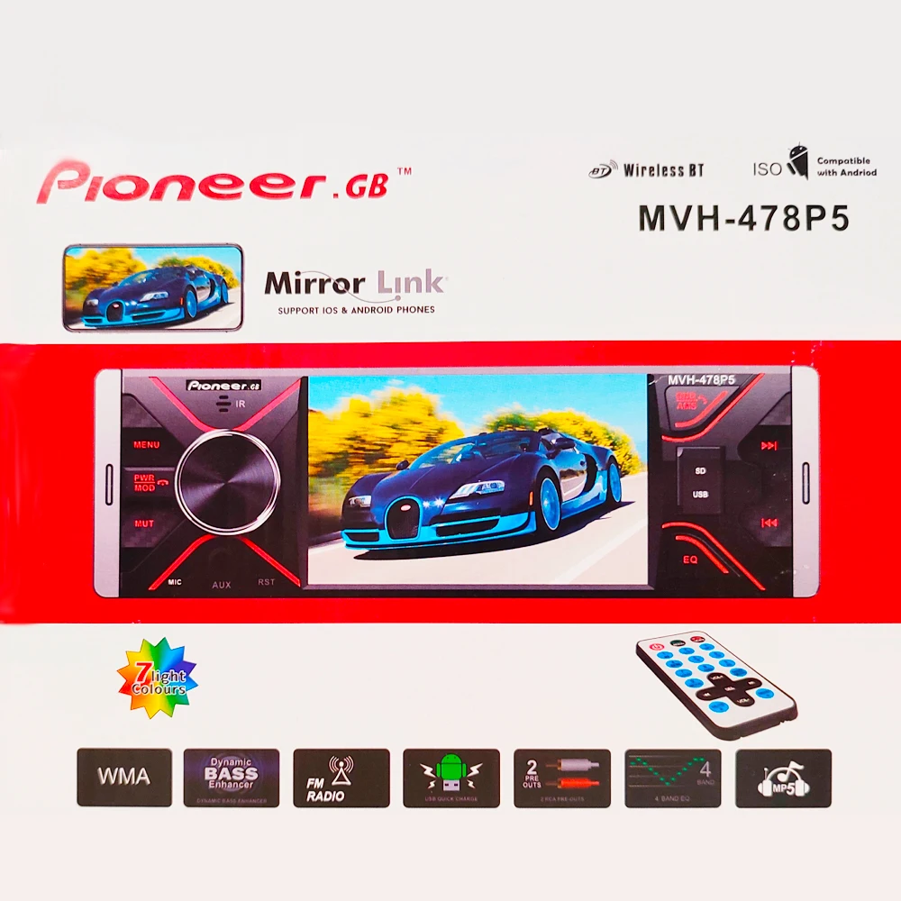 Автомагнитола с экраном 1 DIN Pioneer GB mvh-d478p5 пульт и 7 цветов подсветки Bluetooth SD/MMC слот