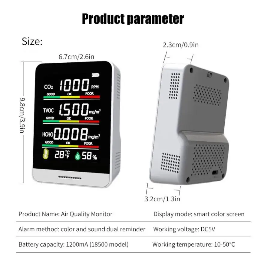 

New CO2 Detector TVOC HCHO Temperature Humidity Detecting Indoor Outdoor Detect Air Quality Monitor Multipurpose Detection Tool