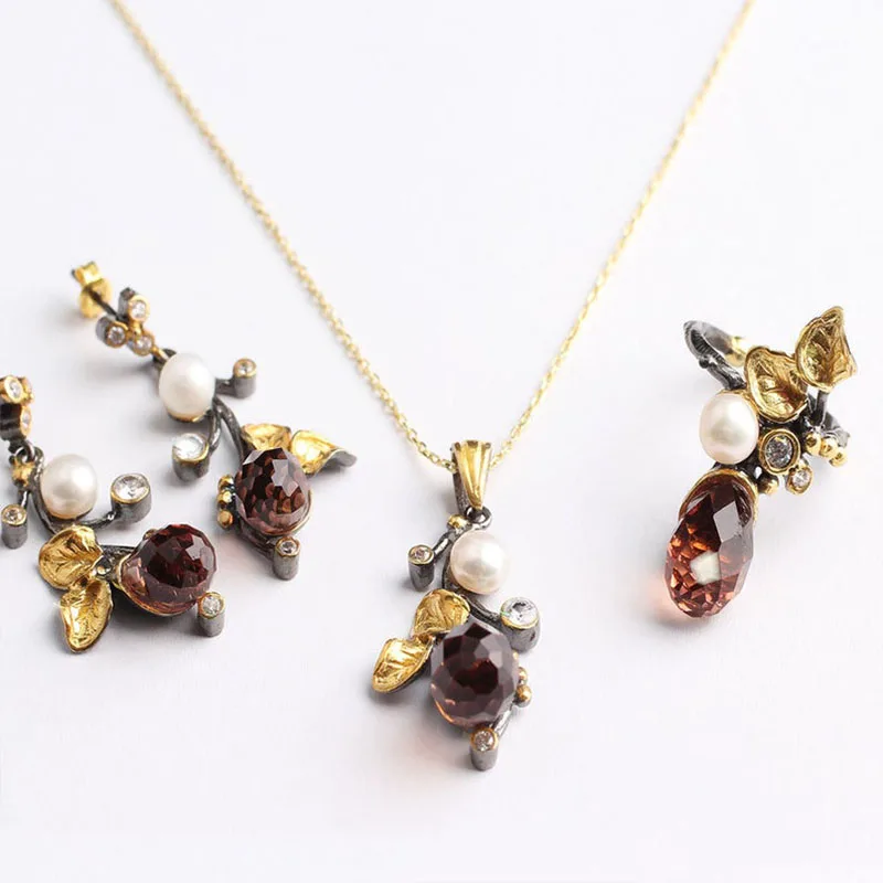 

Drop Pearl Leaf Zultanite and Green Jewelry Set Gold Plated,Woman Silver Zultanite Ring+Necklace+Earrings,Handmade Woman Silver