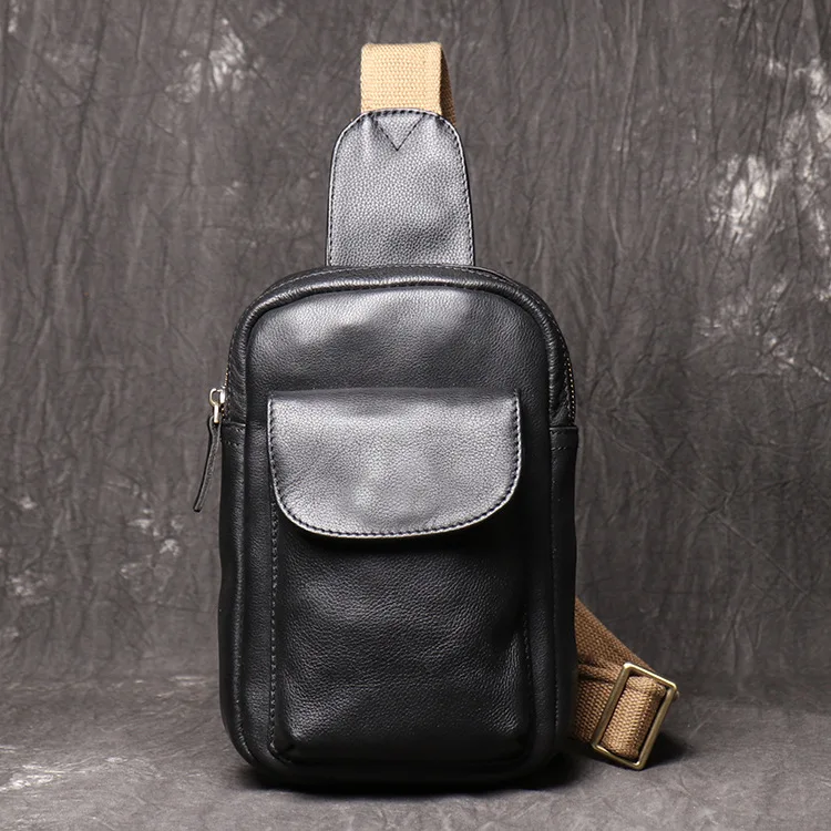 

Classic Black Leather Chest Bag With USB Function 100% Genuine Leather Chest Packs USB Sling Bags For Men Outdoor Hiking