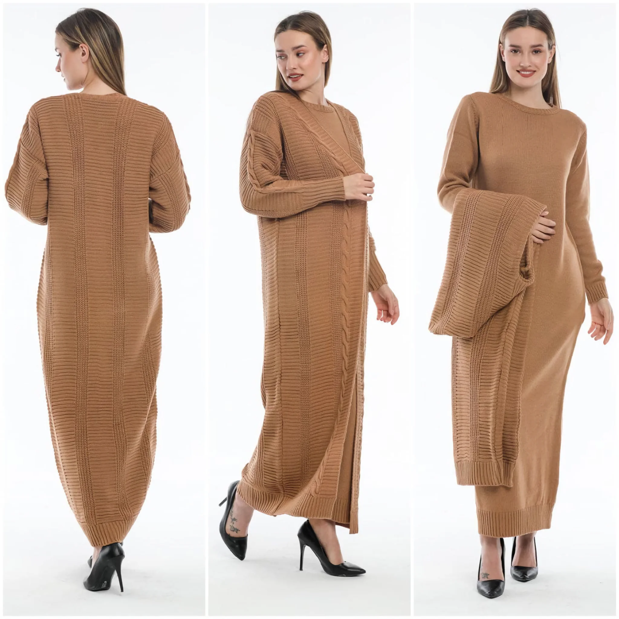 2Pcs Muslim Women Knitted Dress Cardigan Knitwear Modest Clothing African Hijab Islamic Turkey Dubai Abaya Long Sleeve Winter